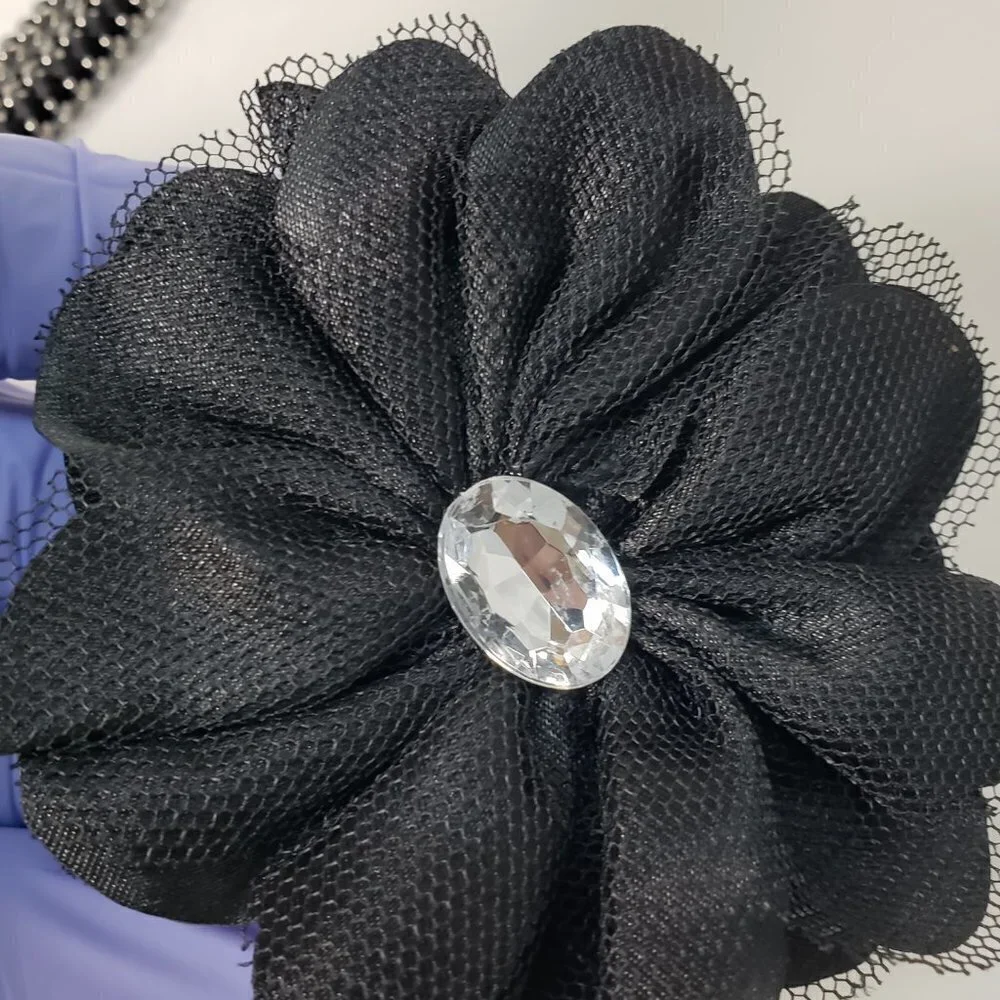 Polished Layered of Black Metal Crystal & Black Flower Design Brooch Necklace